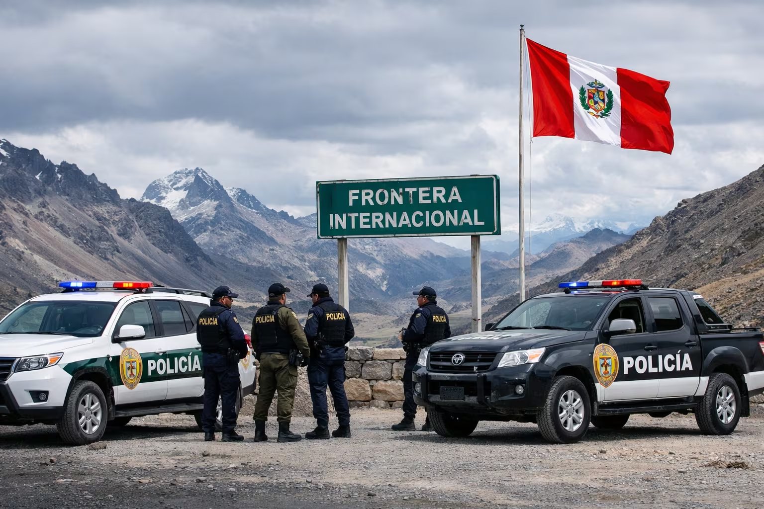 La imagen muestra a la Policía Nacional del Perú realizando control fronterizo en un paso internacional andino, con agentes y vehículos patrulleros junto a una señal de frontera y la bandera peruana. (Imagen Ilustrativa Infobae)