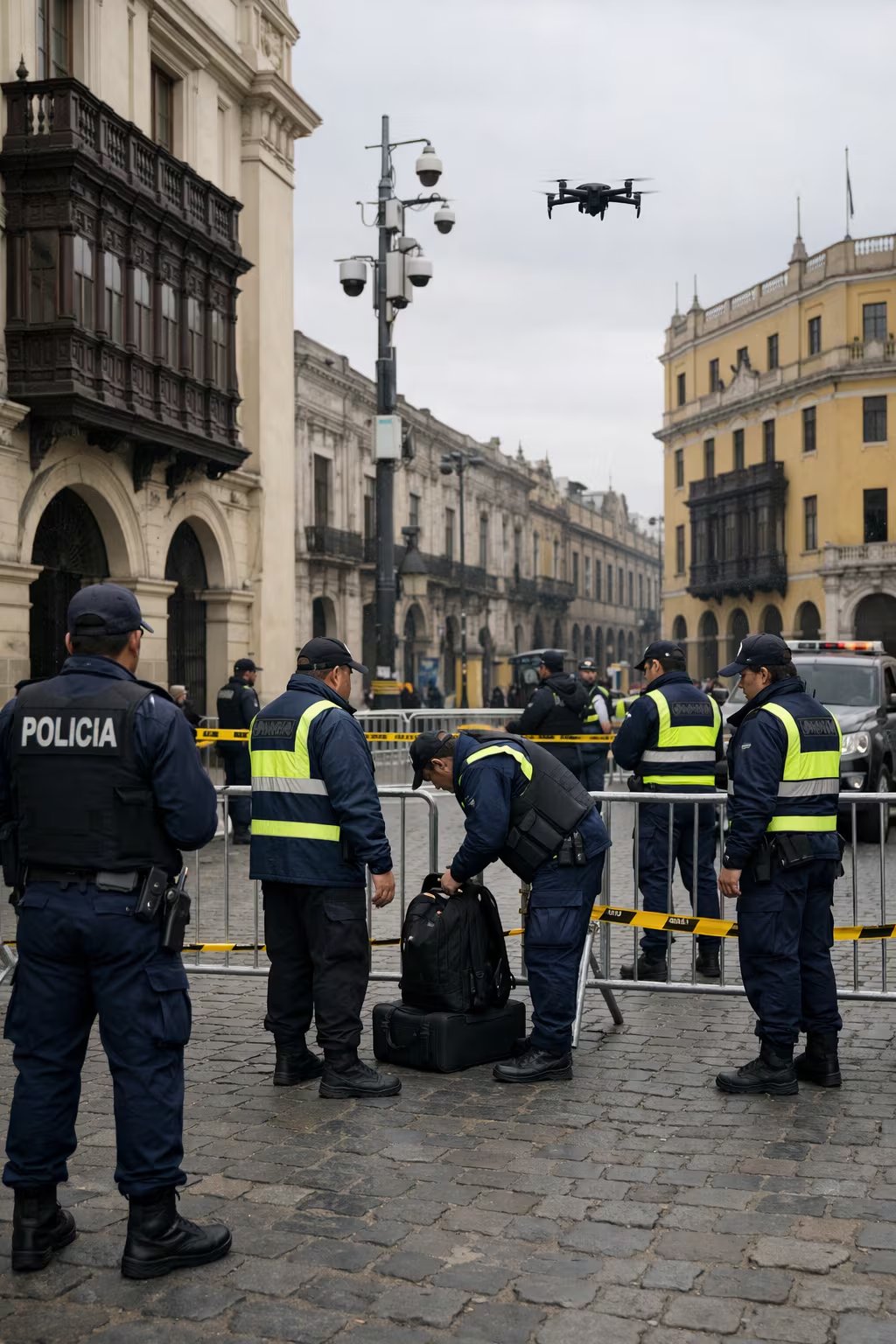 La imagen muestra un operativo de seguridad y control policial con agentes y un dron, desplegado en una calle adoquinada frente a edificios coloniales del Centro Histórico de Lima. (Imagen Ilustrativa Infobae)