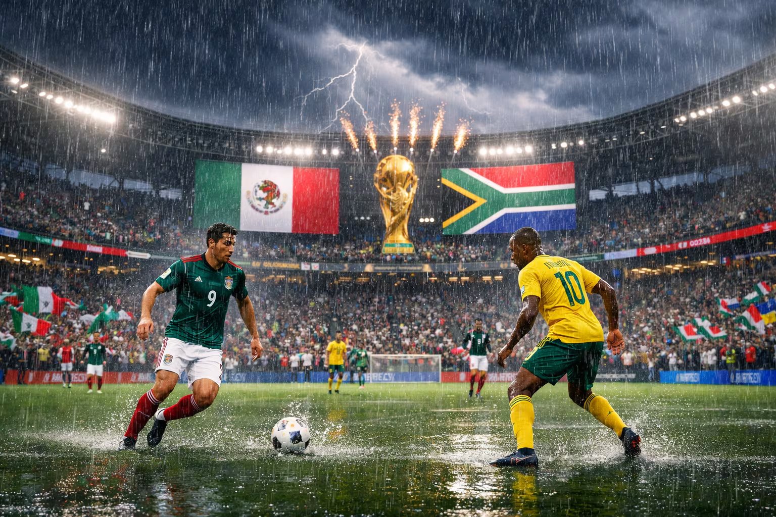 El partido inaugural del Mundial 2026 entre México y Sudáfrica se disputa bajo una fuerte lluvia y relámpagos, con el trofeo de la Copa del Mundo en el centro del estadio iluminado. (Imagen Ilustrativa Infobae)