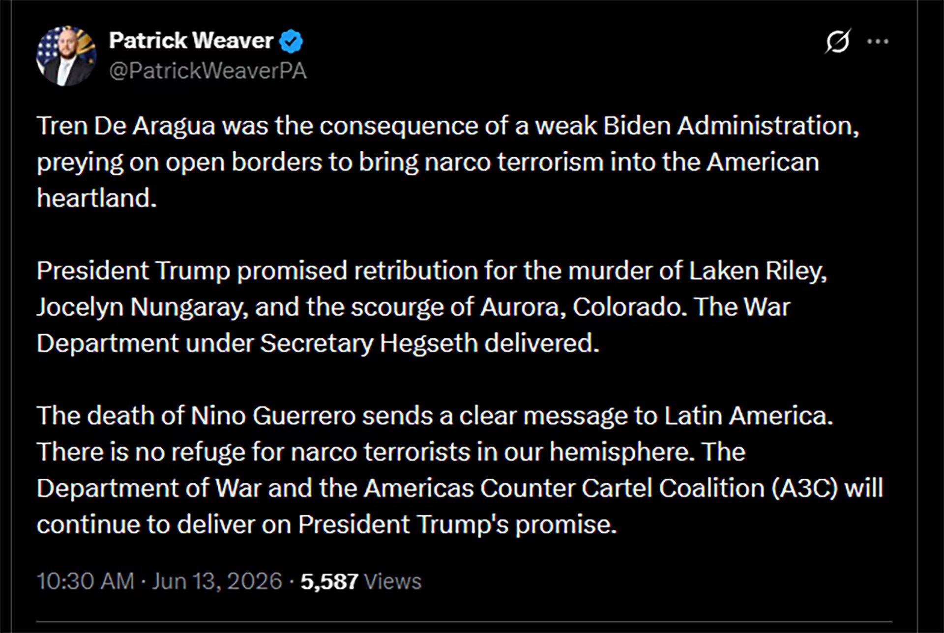 El mensaje de Patrick Weaver en X