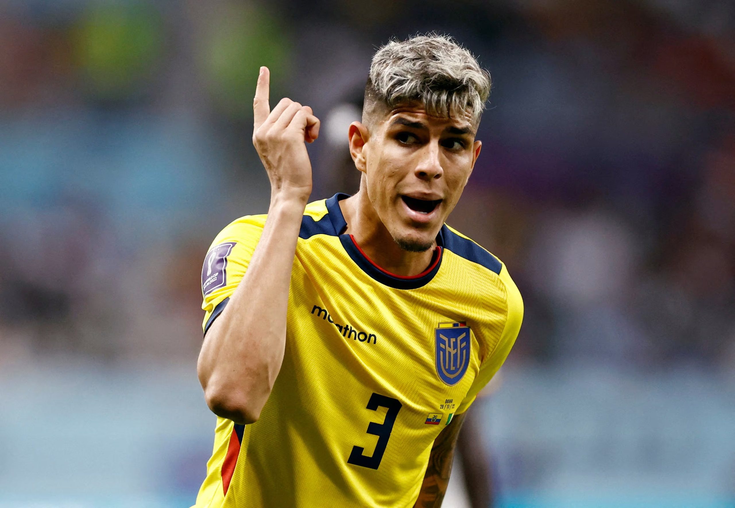 FILE PHOTO: Soccer Football - FIFA World Cup Qatar 2022 - Group A - Ecuador v Senegal - Khalifa International Stadium, Doha, Qatar - November 29, 2022 Ecuador's Piero Hincapie reacts REUTERS/Stephane Mahe/File Photo