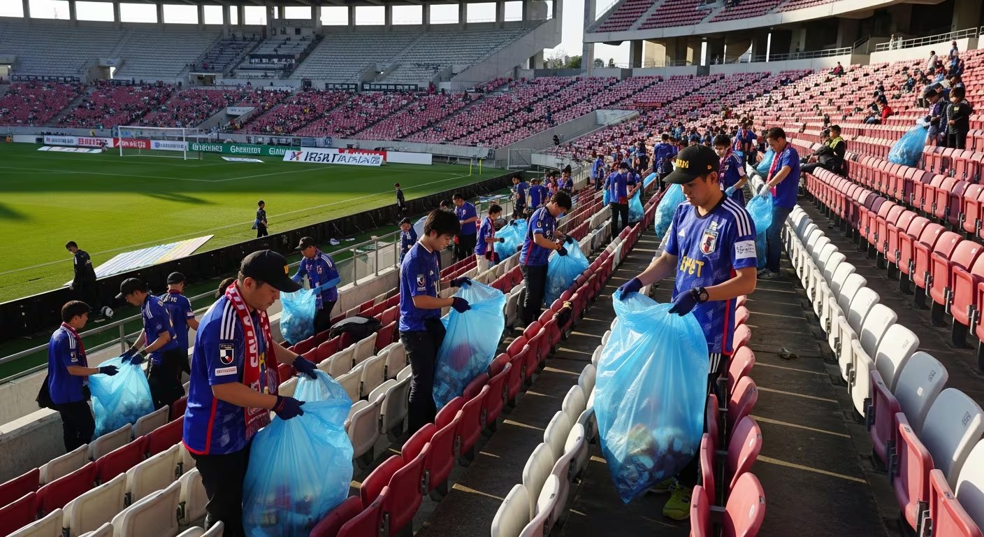 Aficionados japoneses en un estadio de futbol recogen residuos de las gradas en bolsas azules. (Imagen Ilustrativa Infobae)