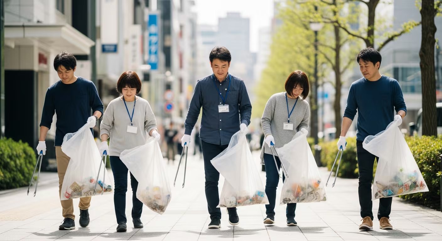 Un grupo de personas japonesas camina por una calle de la ciudad recogiendo residuos con bolsas de plástico. (Imagen Ilustrativa Infobae)
