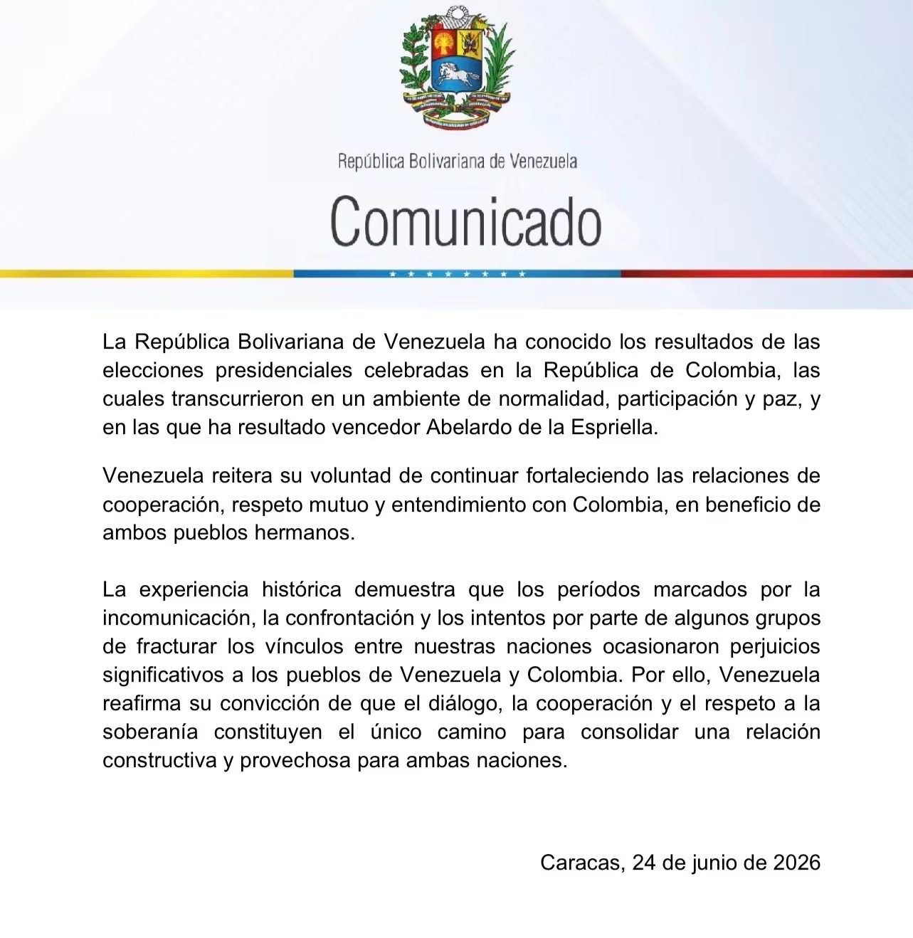 Con este comunicado, el Gobierno interino de Venezuela saludó triunfo de Abelardo de la Espriella, como nuevo presidente de Colombia - crédito @YvanGil/X