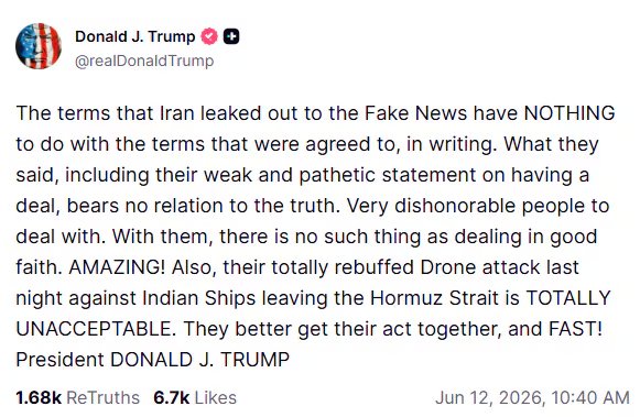 Trump manifestó que “los términos que Irán filtró a los medios de ‘noticias falsas’ no tienen nada que ver con los términos acordados por escrito”