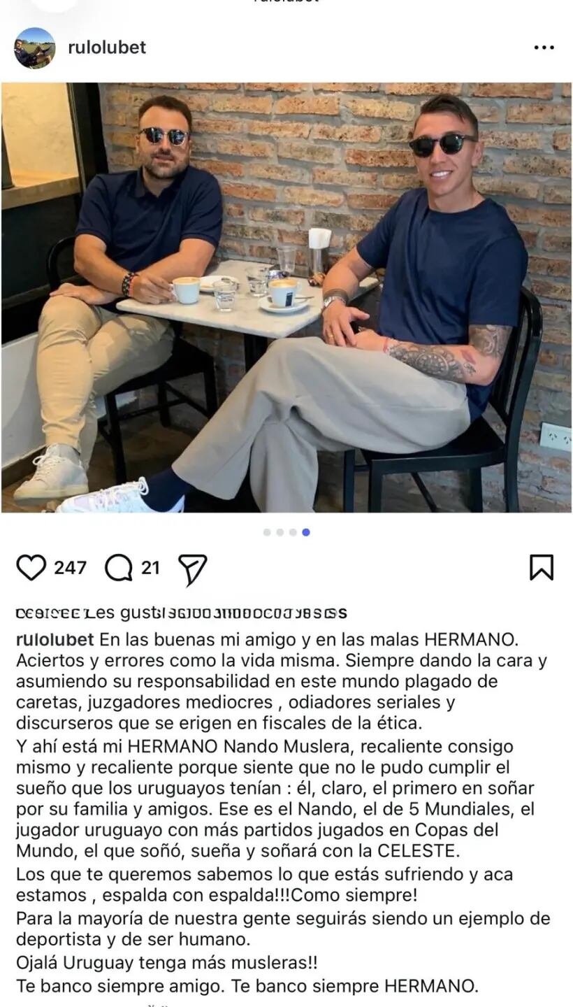 Lubetkin recordó en su publicación que Muslera es el jugador uruguayo con más partidos disputados en Copas del Mundo