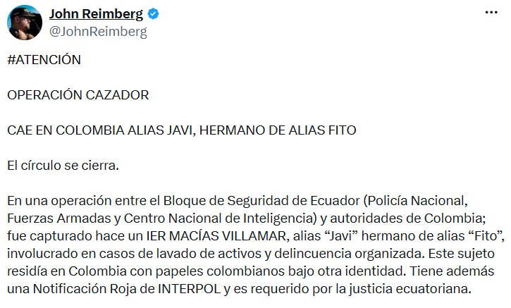 El ministro del Interior de Ecuador, John Reimberg, anunció la captura tras una operación conjunta con Colombia. - crédito @JohnReimberg/X