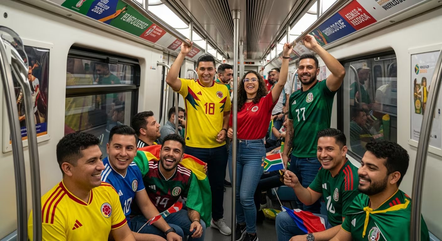 Aficionados al fútbol de Colombia, México y Sudáfrica celebran con entusiasmo la anticipación de la Copa Mundial 2026 mientras viajan en un vagón del Metro de la Ciudad de México. (Imagen Ilustrativa Infobae)