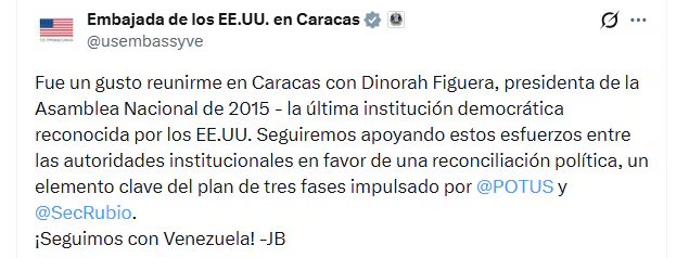 Un mensaje de la Embajada de Estados Unidos en Caracas expresa el apoyo a la reconciliación política en Venezuela tras una reunión con Dinorah Figuera