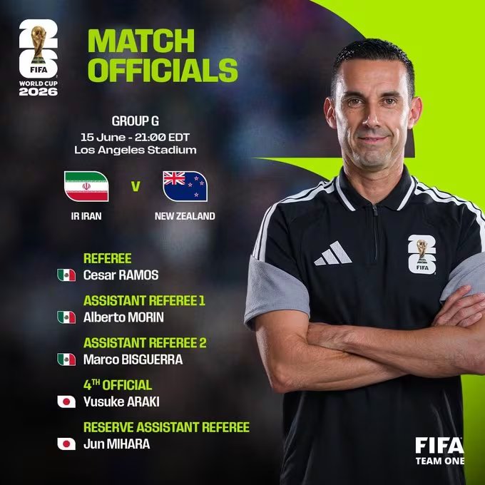 César Arturo Ramos dirigirá el Irán vs Nueva Zelanda este 15 de junio como partido de la fase de grupos del Grupo G. (X/ @FIFAcom)