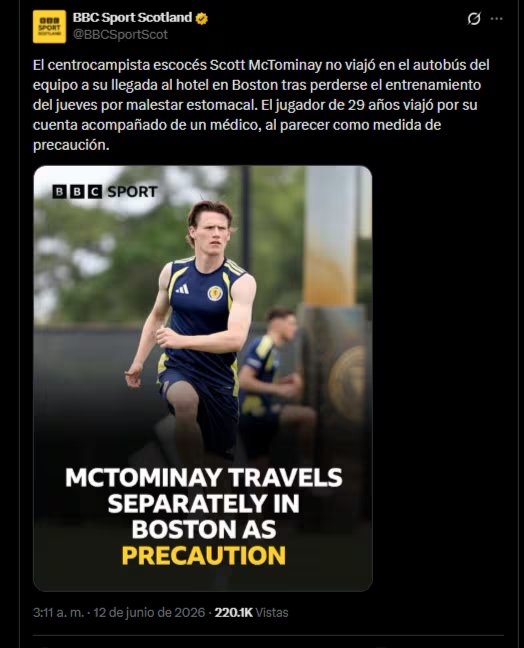 Scott McTominay volvió a entrenar con Escocia en Boston tras ausentarse de la sesión anterior por un malestar estomacal-crédito @BBCSportScot/X