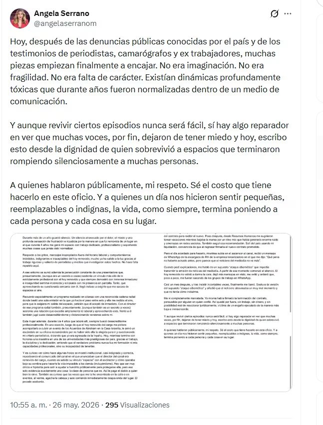Serrano apuntó, además de Celis, contra otra periodista y presentadora en su testimonio - crédito @angelaserranom/X