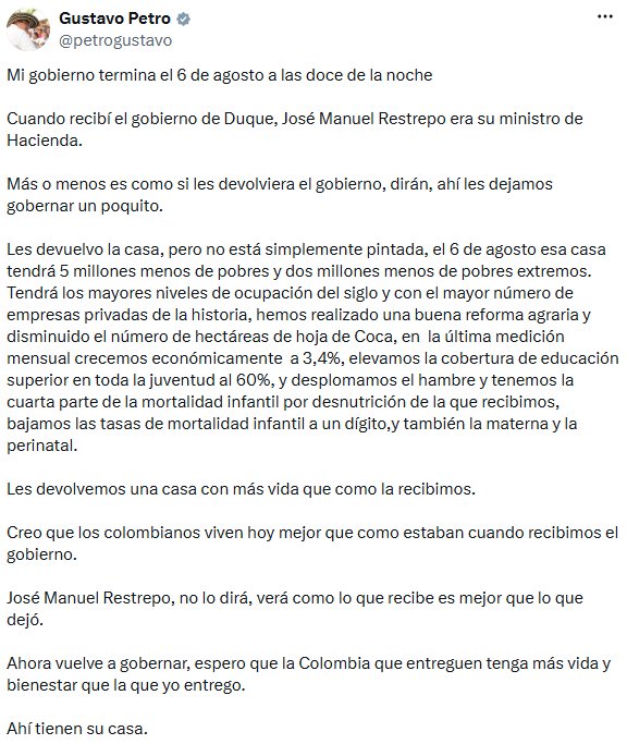 Petro resaltó logros como el crecimiento económico y la reducción de la mortalidad infantil durante su gobierno. - crédito @petrogustavo/X