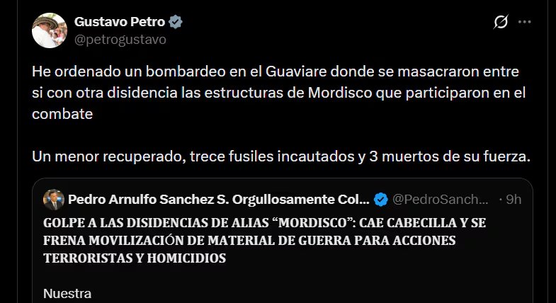 Gustavo Petro entregó un balance de lo sucedido, en el que se reportó un menor recuperado, trece fusiles incautados y tres integrantes de su fuerza muertos - crédito @petrogustavo/X