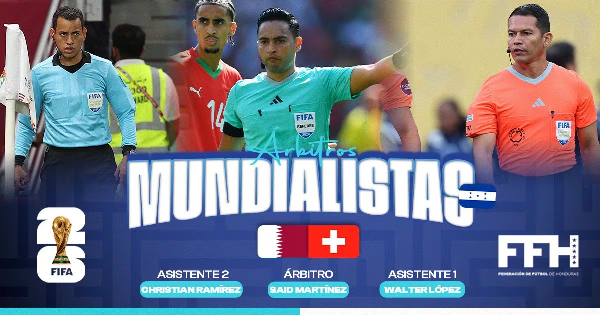 La terna arbitral de Honduras asumió por primera vez un partido del Mundial 2026 con Saíd Martínez, Walter López y Christian Ramírez. (Cortesía: Federación Hondureña de Fútbol)