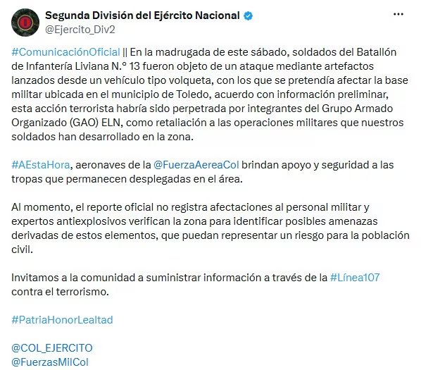 Ejército confirmó un ataque con artefactos explosivos lanzados desde una volqueta tuvo como objetivo la base militar del Batallón de Infantería Liviana N.° 13 en el municipio de Toledo, departamento de Norte de Santander, durante la madrugada del sábado 13 de junio de 2026 - crédito @Ejercito_Div2/X