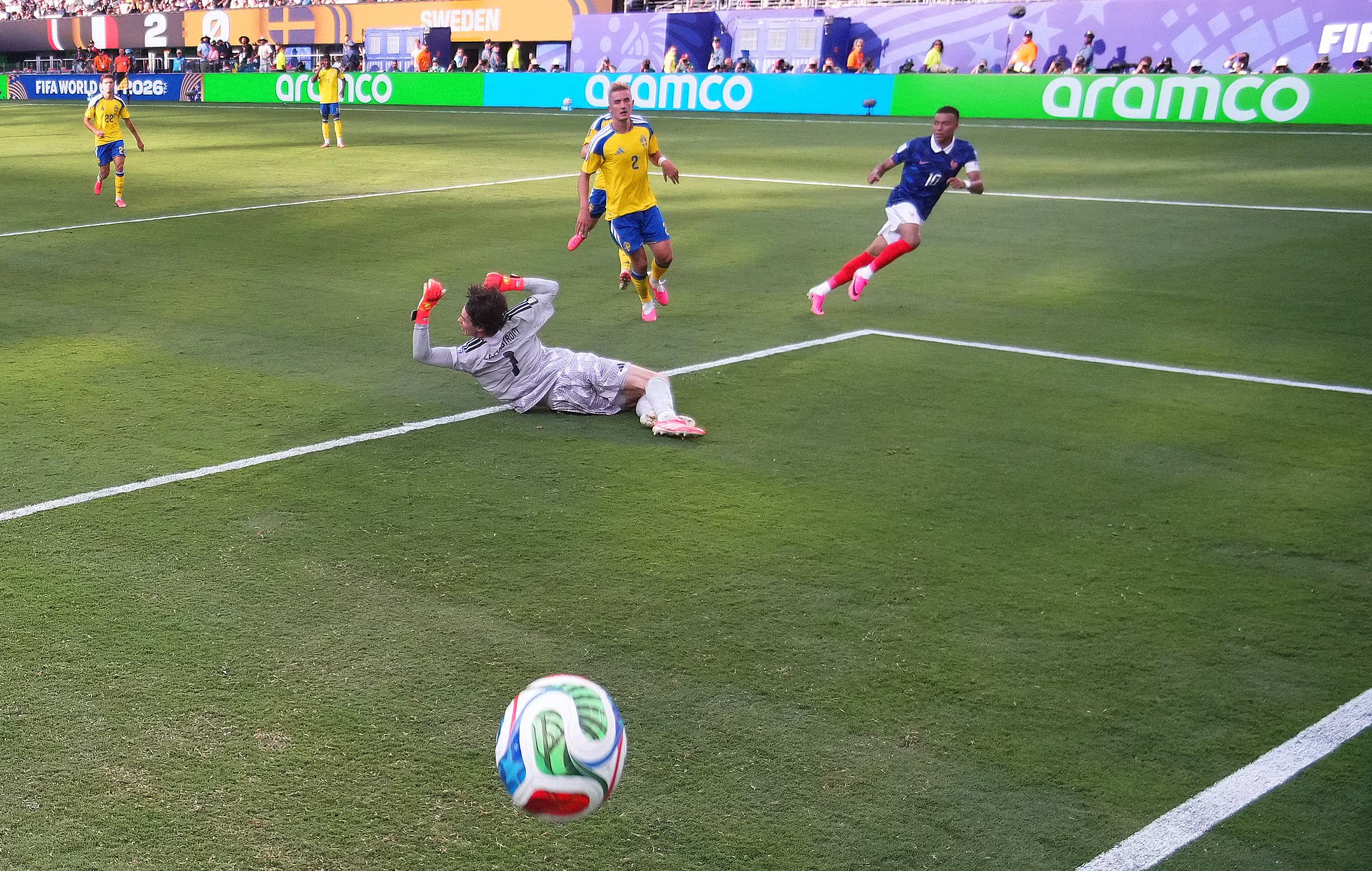 Soccer Football - FIFA World Cup 2026 - Round of 32 - France v Sweden - New York New Jersey Stadium, East Rutherford, New Jersey, U.S. - June 30, 2026 France's Kylian Mbappe scores their third goal REUTERS/Omar Aziz