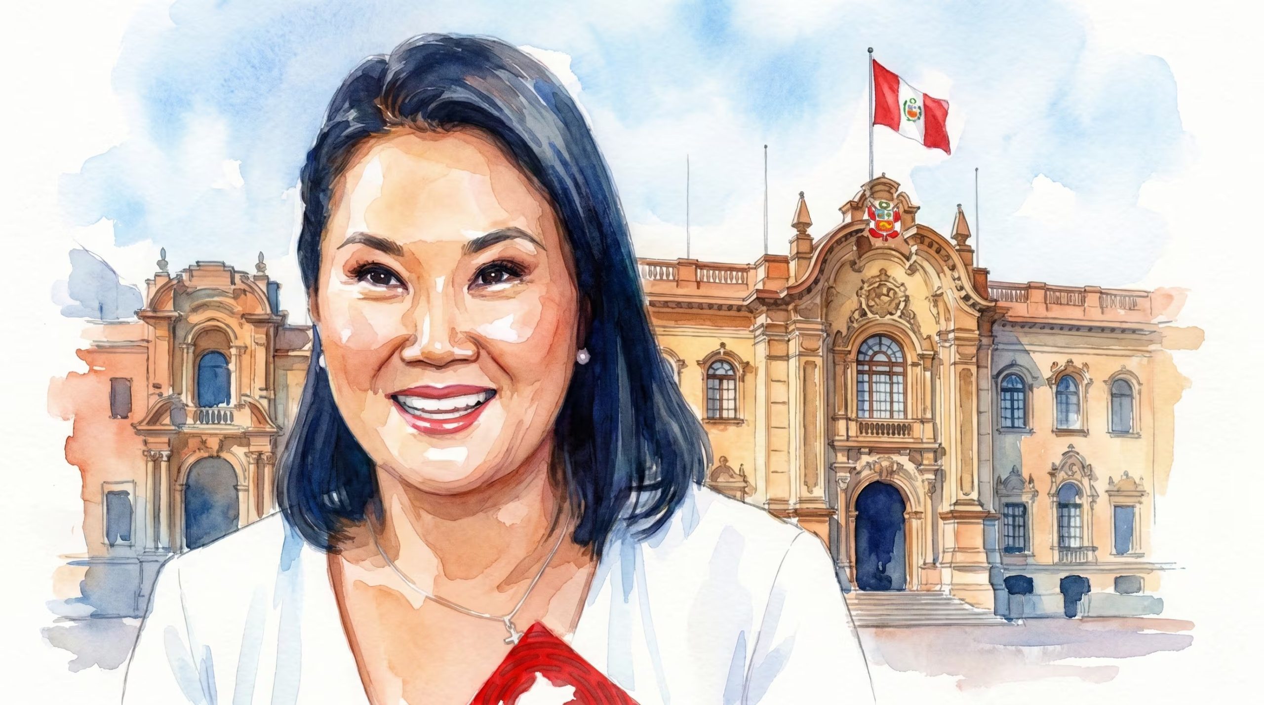 Retrato en acuarela de Keiko Fujimori sonriendo, con el histórico Palacio de Gobierno de Perú y la bandera nacional ondeando al fondo. (Imagen Ilustrativa Infobae)