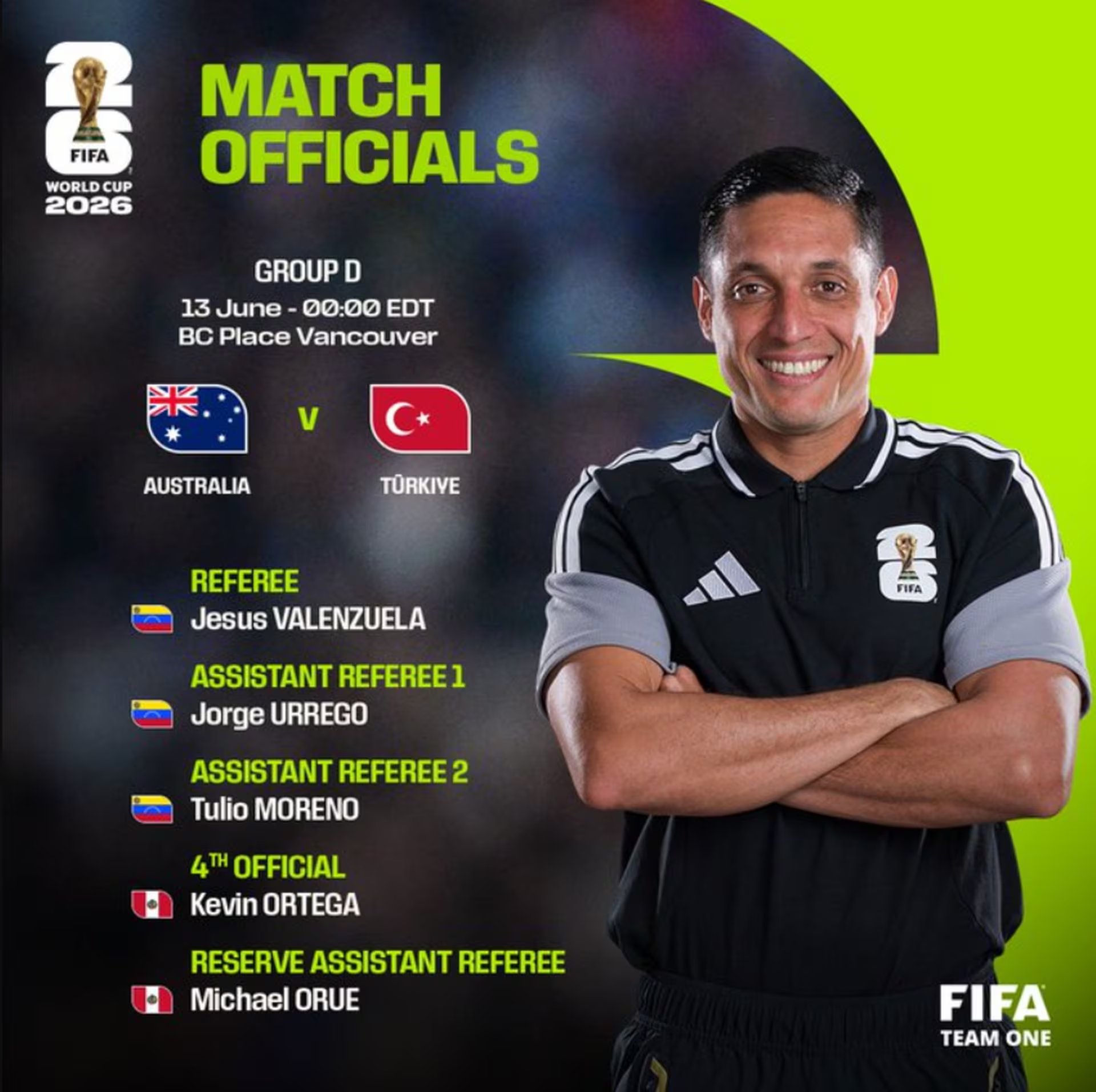 Con presencia peruana en funciones arbitrales, el Australia–Turquía del Grupo D contará con Kevin Ortega como cuarto árbitro y Michael Orué como asistente de reserva. (FIFA)