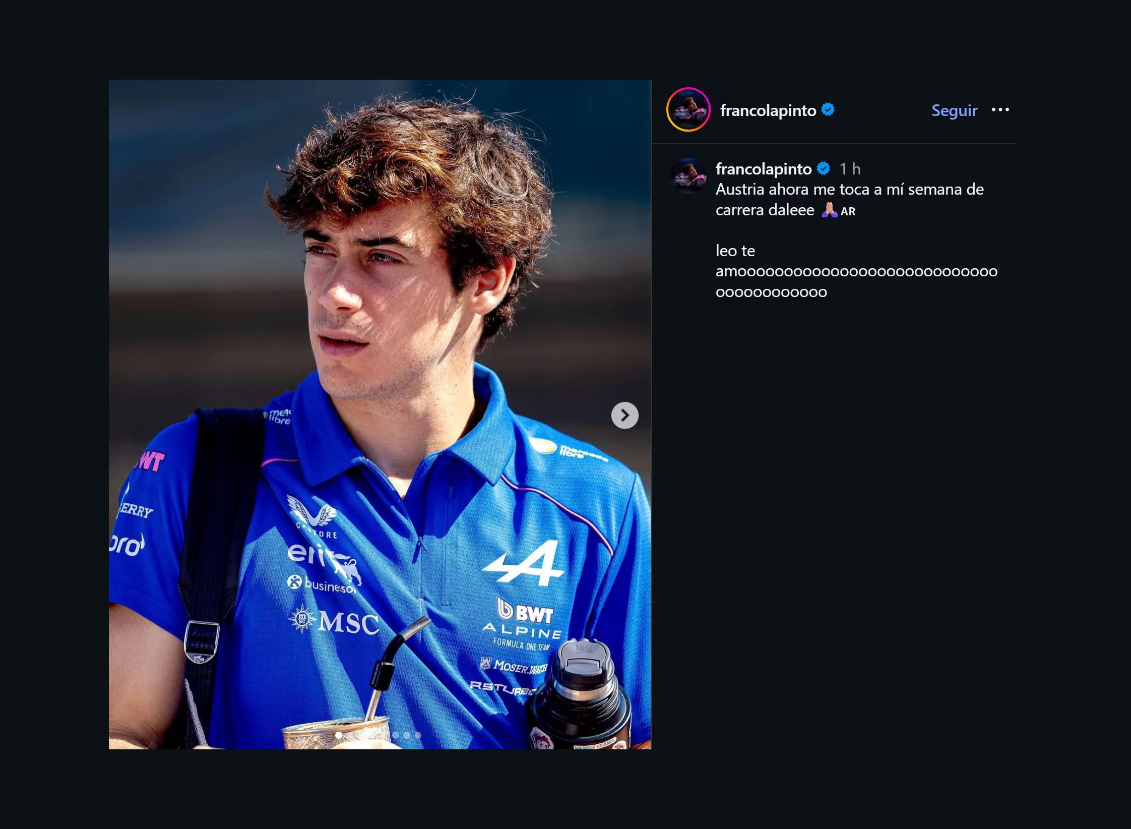 La publicación de Colapinto sobre Messi y lo que viene este fin de semana en la F1 en Austria (IG @francolapinto)