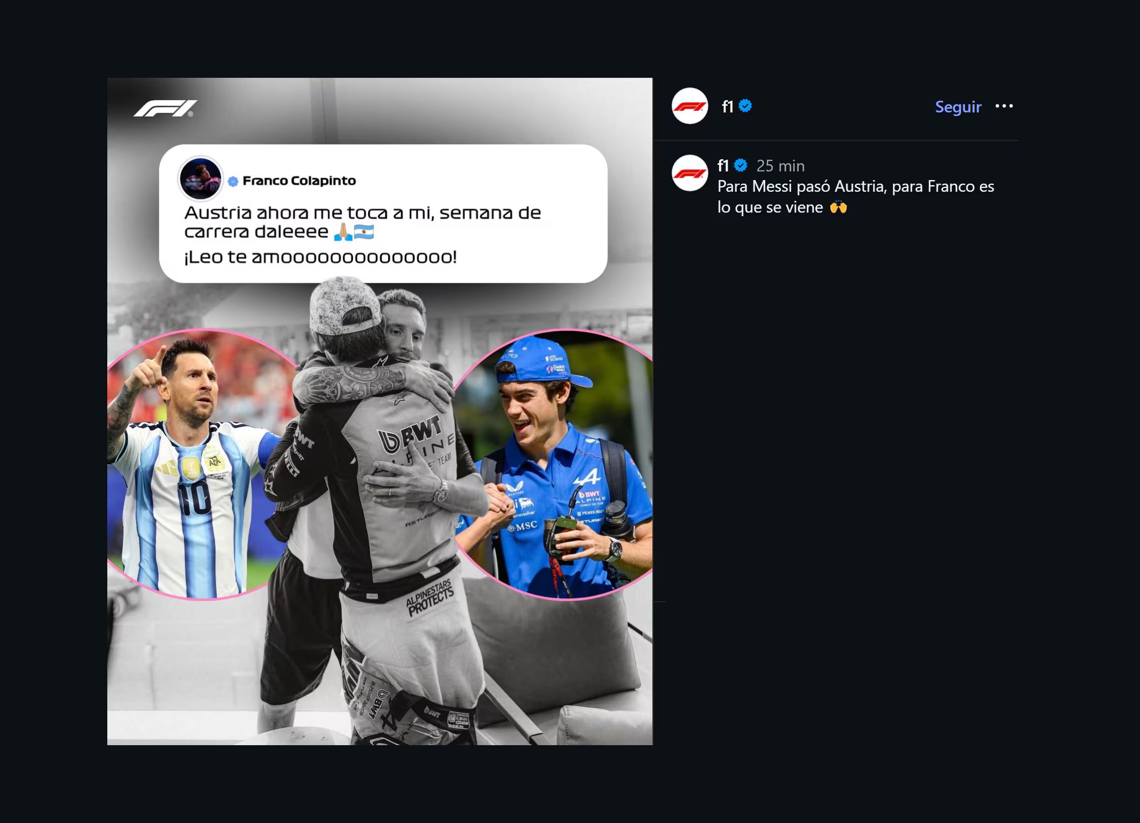 El posteo de la F1 sobre Messi y Colapinto (IG @f1)