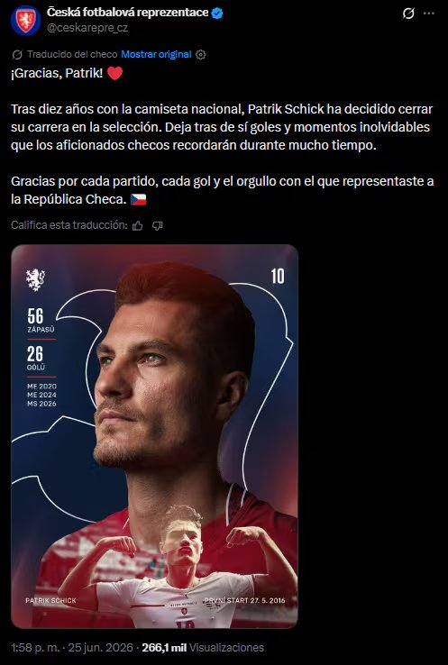 Schick disputó 56 partidos con la camiseta checa y anotó 26 goles a lo largo de una década de carrera internacional