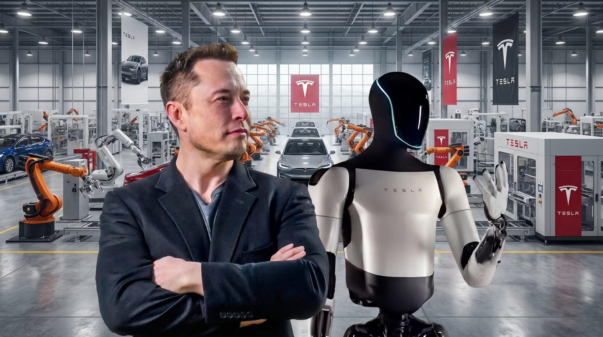 Elon Musk posa junto al robot Optimus en una fábrica de Tesla, con vehículos eléctricos y brazos robóticos operando en el fondo. (Imagen Ilustrativa Infobae)