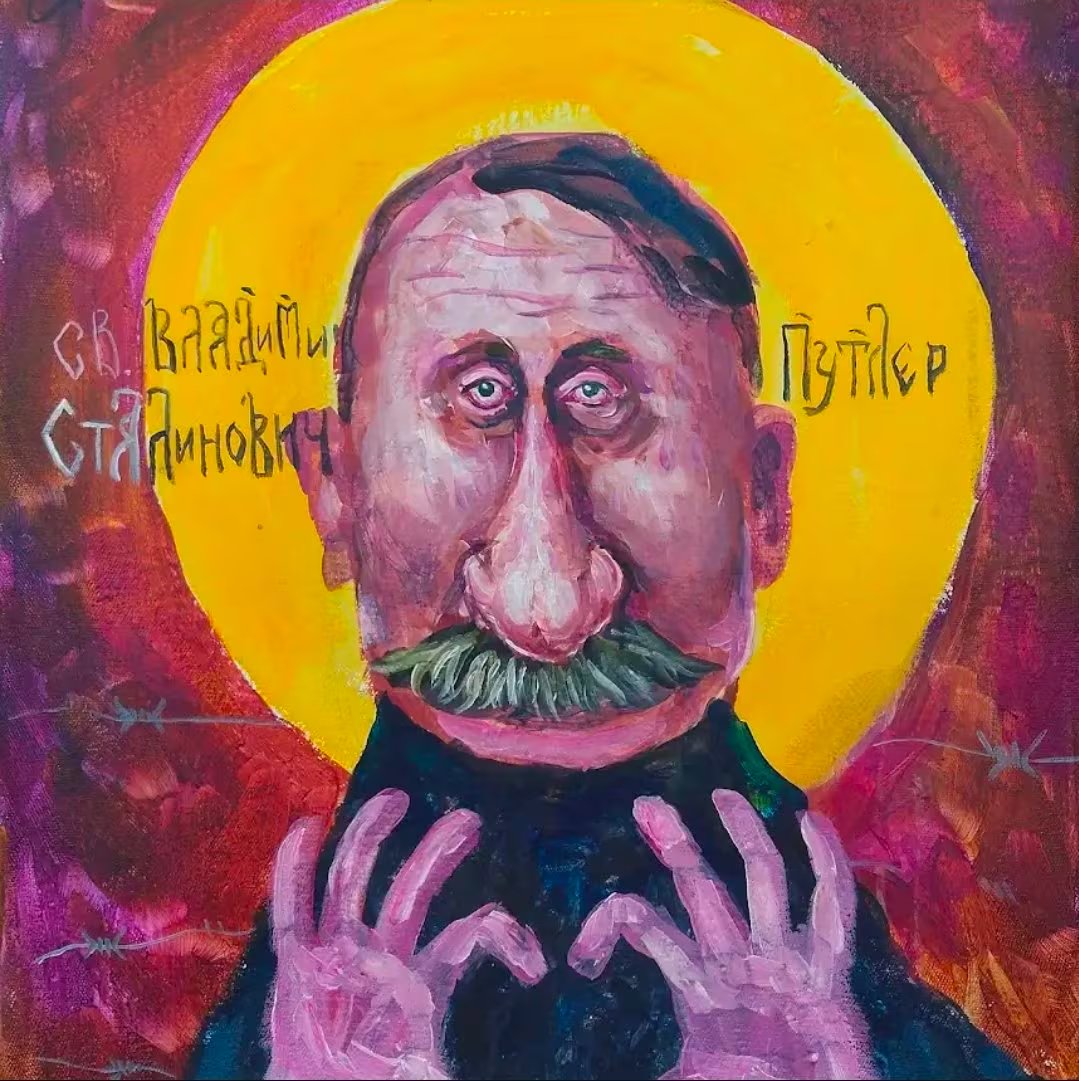 Esta obra de Semyon Skrepetsky fusiona rasgos de Vladimir Putin y Joseph Stalin, con un halo y alambre de púas
