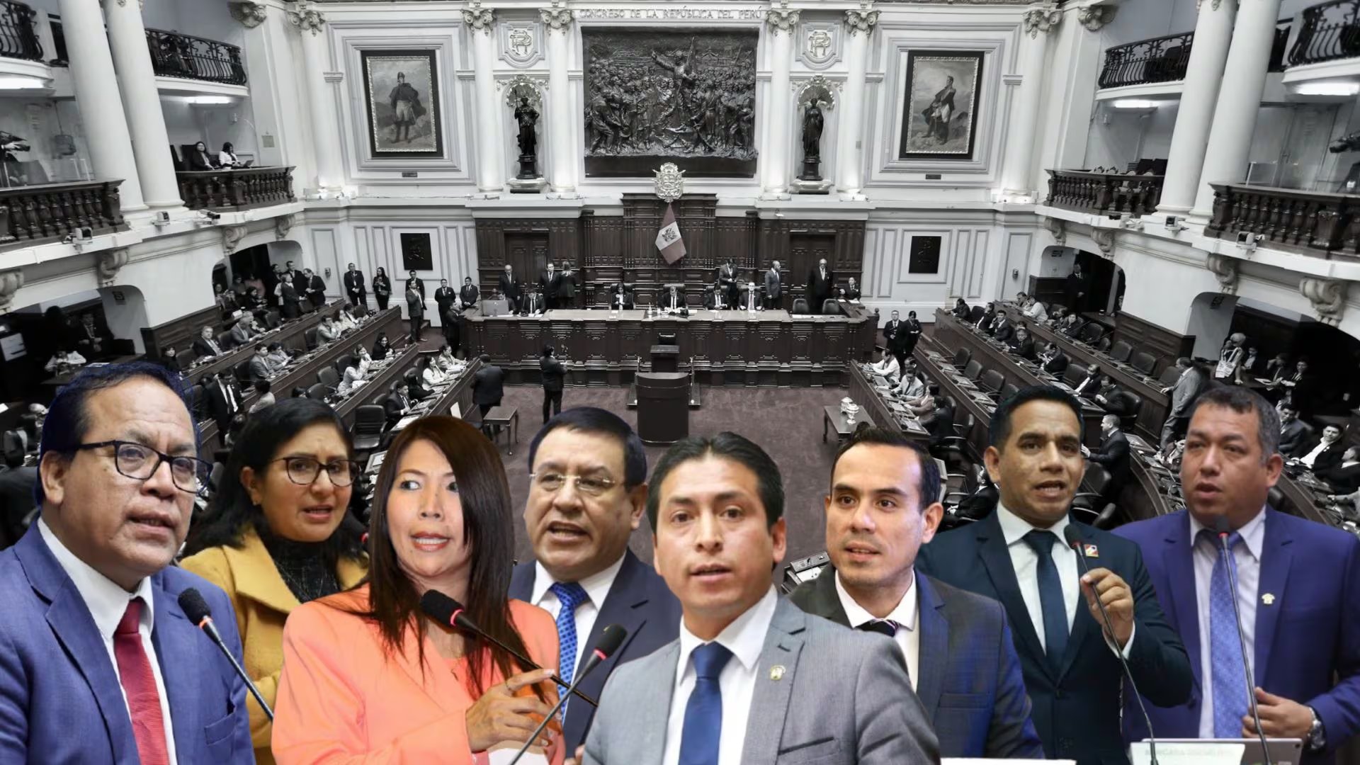 Dirigentes políticos peruanos, como José María Balcázar y José Jerí, aparecen en primer plano sobre una imagen del Pleno del Congreso de la República del Perú. (Composición)