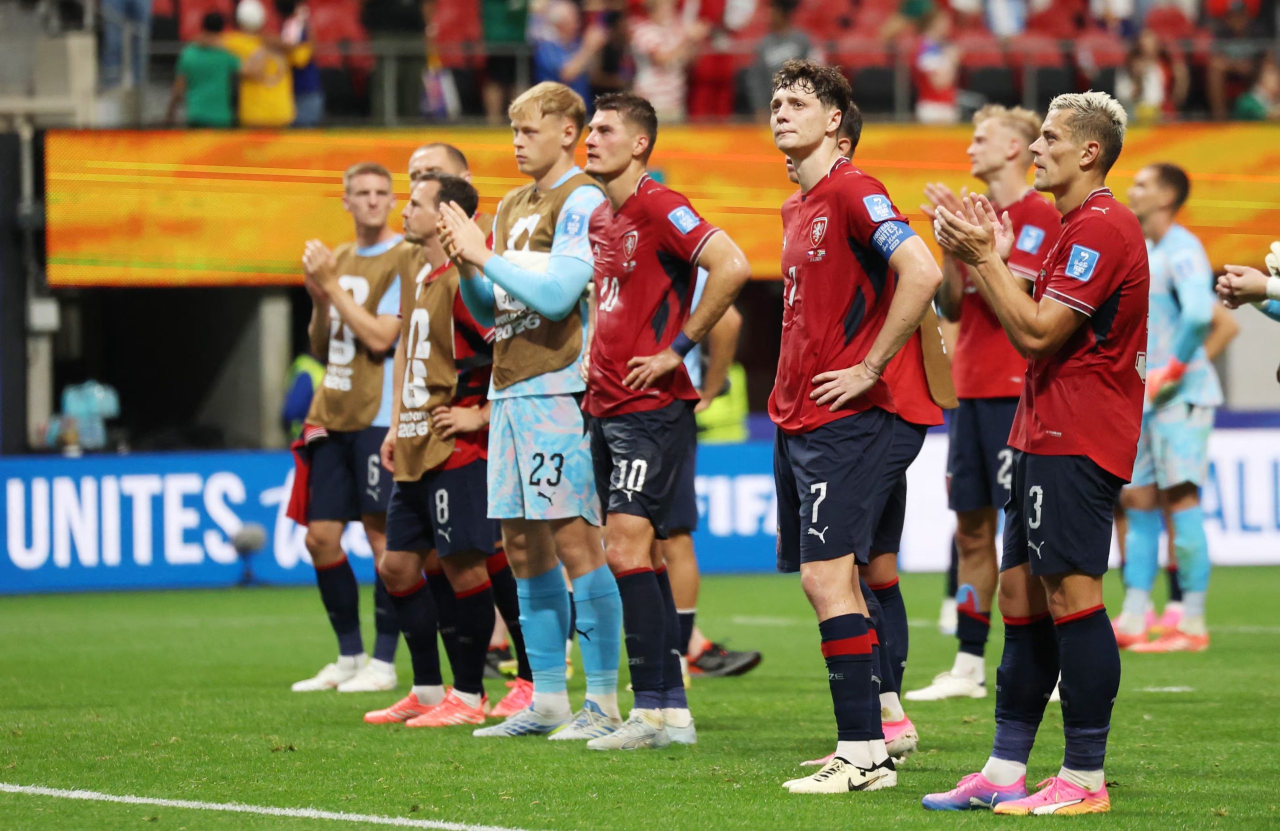 Soccer Football - FIFA World Cup 2026 - Group A - Czech Republic v South Africa - Atlanta Stadium, Atlanta, Georgia, U.S. - June 18, 2026 talks to Czech Republic's Ladislav Krejci looks dejected after the match as Tomas Holes applauds fans REUTERS/Siphiwe Sibeko