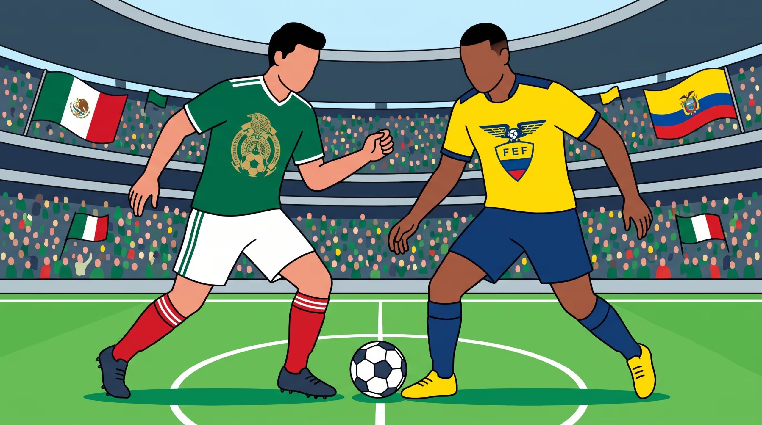 Dos futbolistas con los uniformes de México y Ecuador disputan el balón en el centro de un campo de juego, con un estadio lleno de espectadores y banderas de ambos países. (Imagen Ilustrativa Infobae)