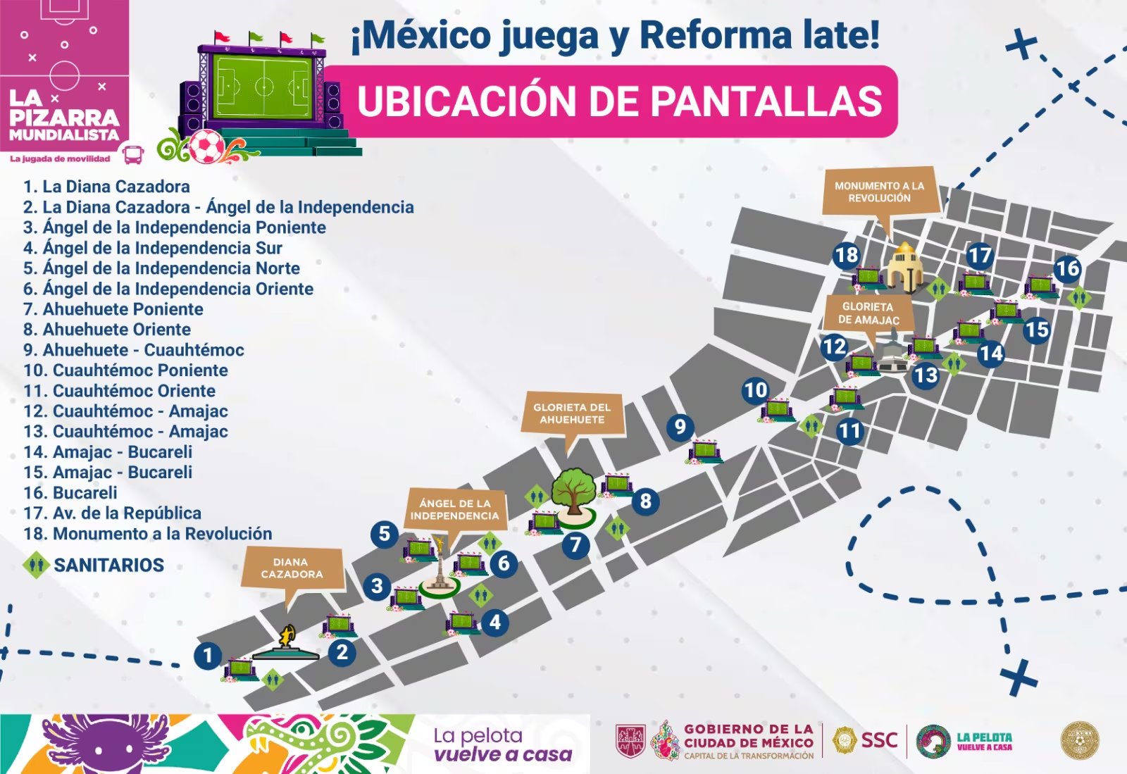 Un mapa de la Ciudad de México muestra dieciocho puntos con pantallas y sanitarios designados por el Gobierno CDMX para ver el partido México vs Ecuador. (X/ @SSC_CDMX)