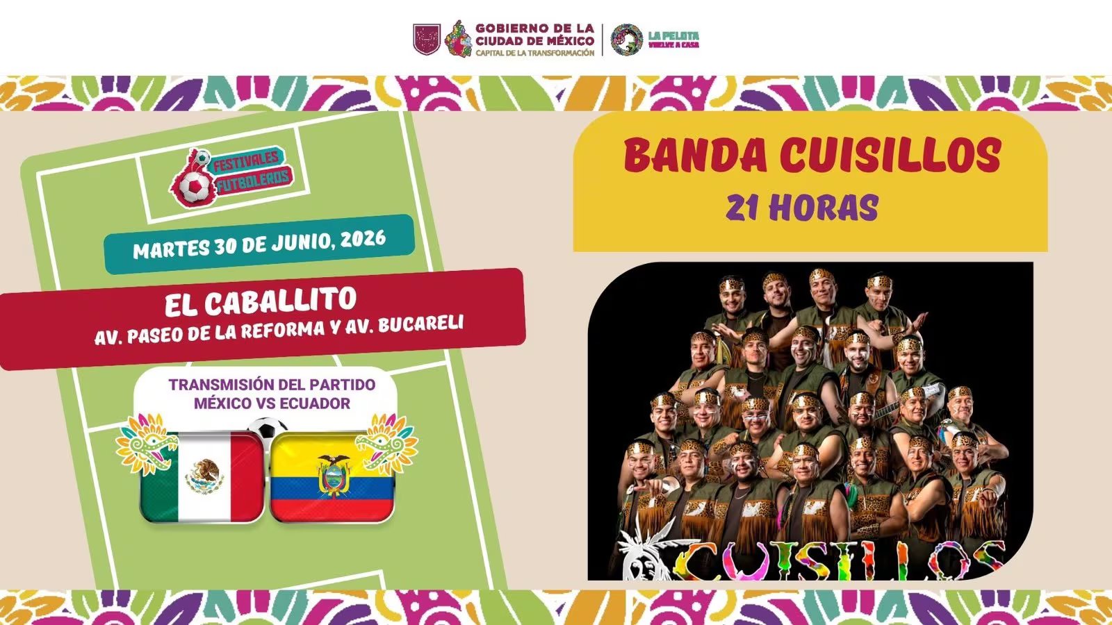 Ante la saturación del Zócalo y Paseo de la Reforma, las autoridades capitalinas instalan pantallas y escenarios en tres nuevas sedes para que los aficionados vean el México vs Ecuador sin concentrarse en un solo punto.(@CulturaCiudadMx)