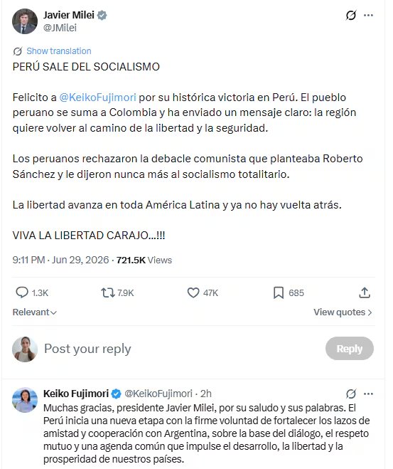 Milei saludó a Keiko Fujimori por su anhelado triunfo (@JMilei)