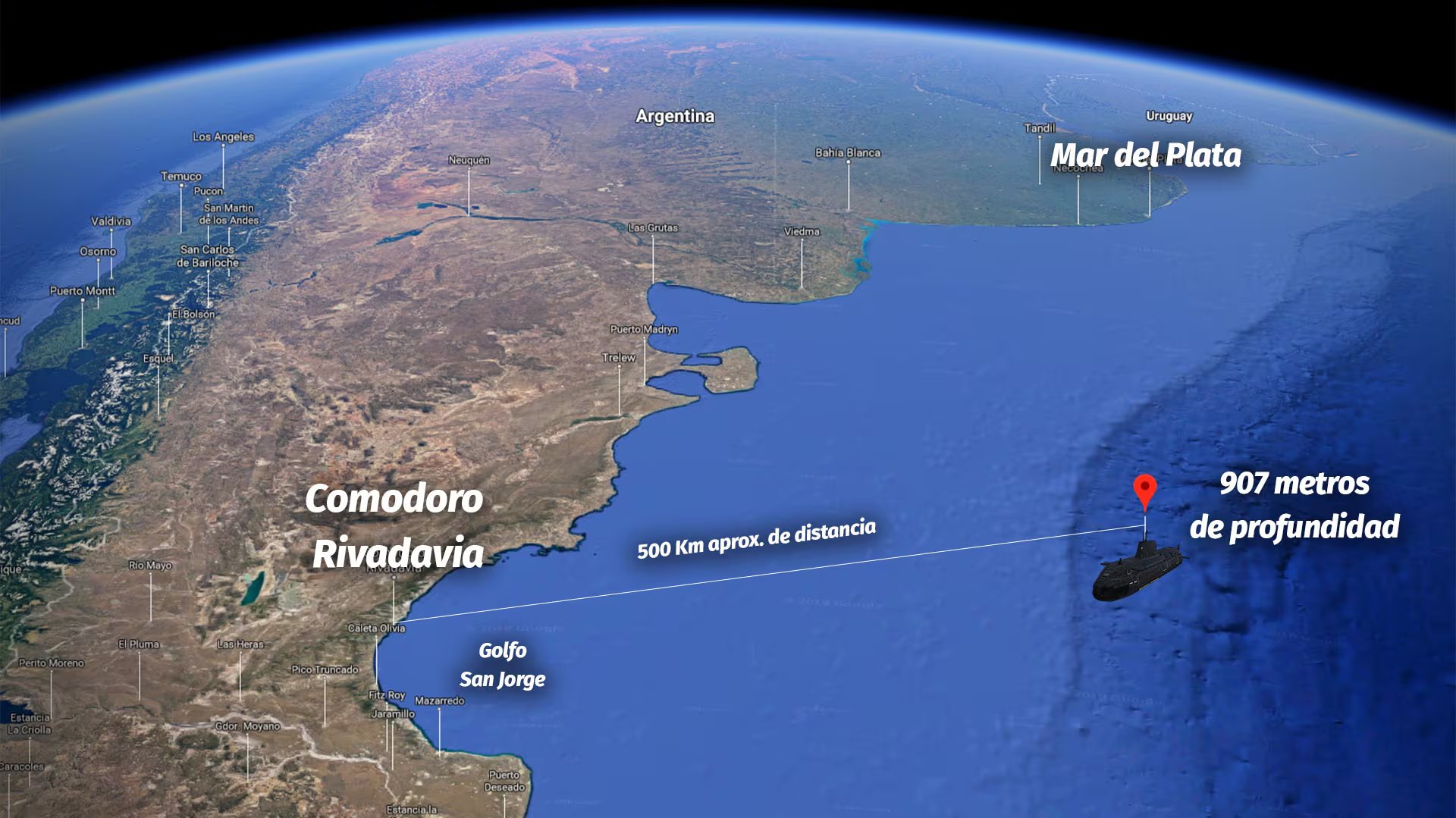 El submarino fue hallado un año después de su pérdida de contacto, a 907 metros de profundidad y a unos 500 km de Comodoro Rivadavia