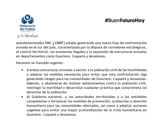 De acuerdo con el comunicado de la Defensoría del Pueblo, los combates ocurrieron en los sectores conocidos como La Siberia, Caño Cumare y Pipiral, en San José del Guaviare - crédito Defensoría del Pueblo