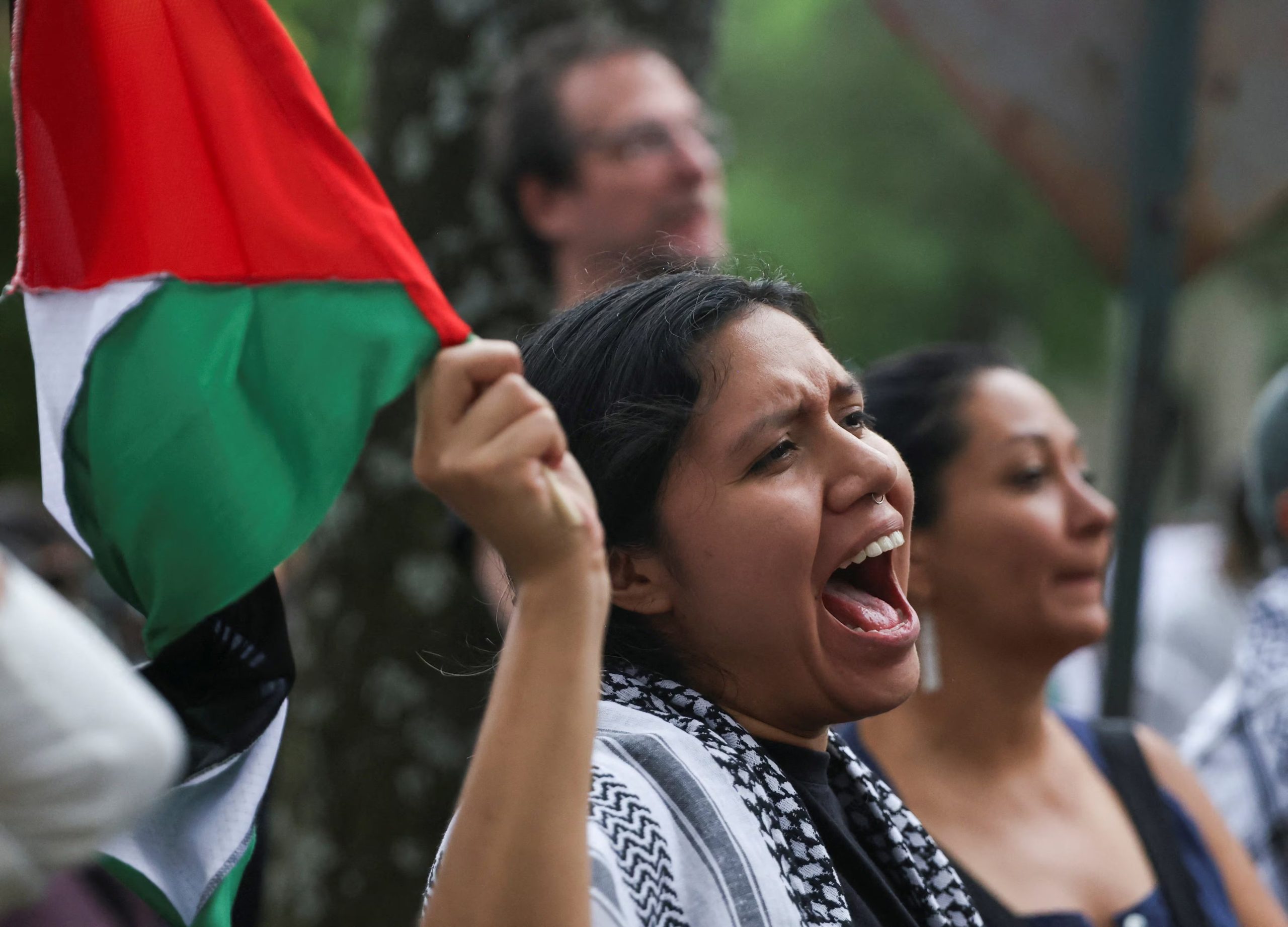 People take part in a protest demanding the release of detained Gaza flotilla activists, among them several Mexicans, outside the Israeli embassy, in Mexico City, Mexico, May 20, 2026. REUTERS/Luis Cortes