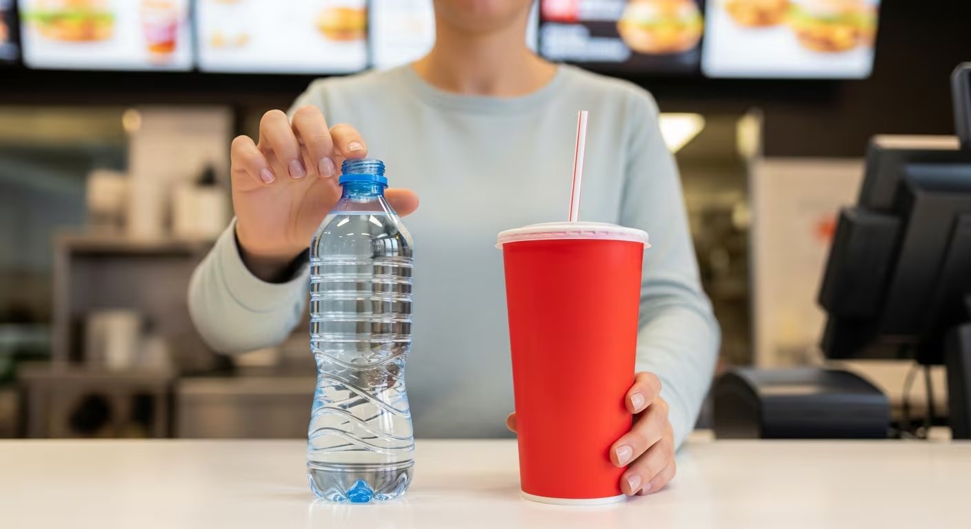 Una persona en un restaurante de comida rápida sostiene una botella de agua y un vaso de bebida azucarada, representando la elección entre opciones saludables y menos saludables. (Imagen Ilustrativa Infobae)