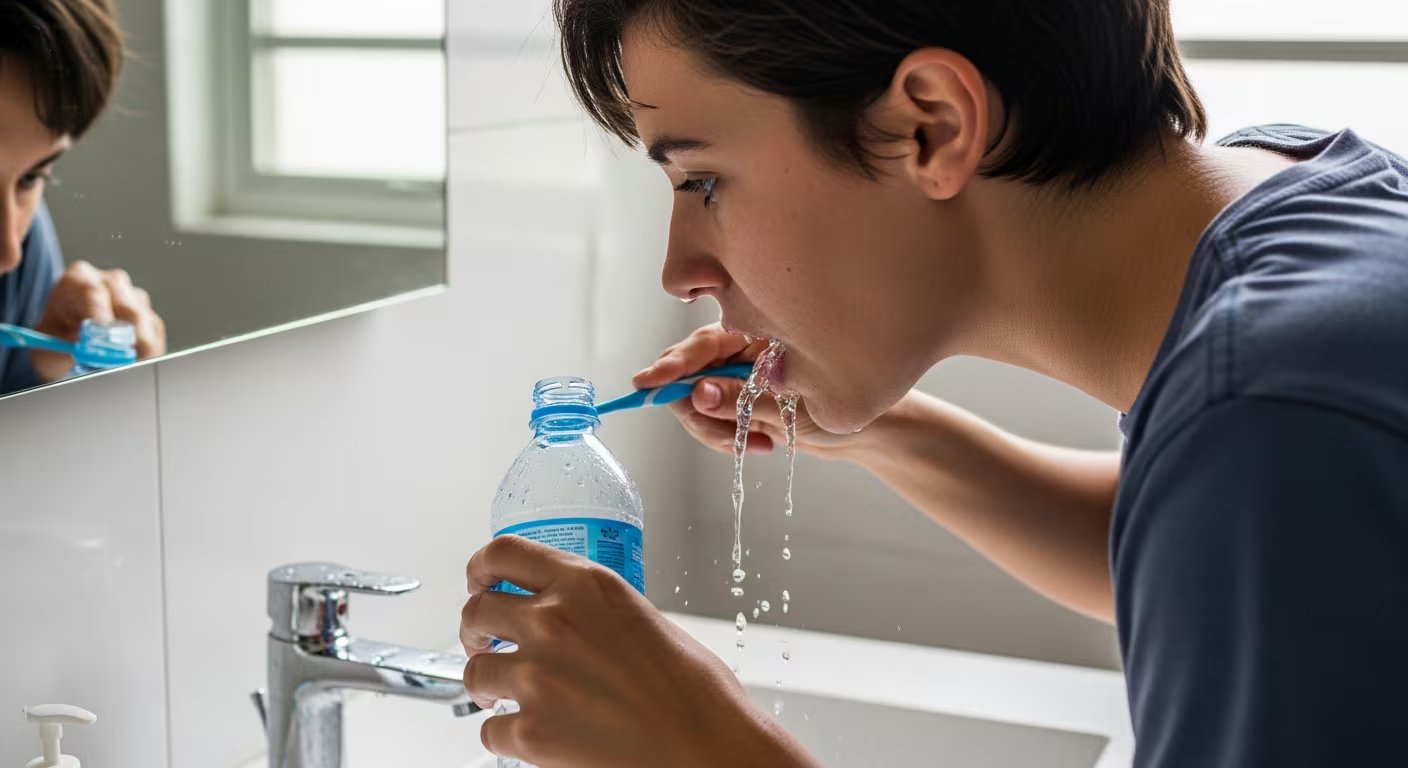 Una persona se enjuaga la boca con agua de una botella de plástico azul, salpicando agua sobre un lavabo de baño, mientras se cepilla los dientes frente a un espejo. (Imagen Ilustrativa Infobae)