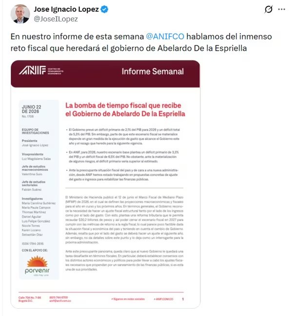 José Ignacio López, presidente de Anif, dijo que a Abelardo de la Espriella le espera un enorme reto fiscal - crédito @JoseILopez/X