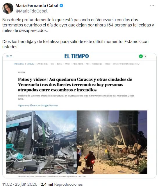 María Fernanda Cabal lamentó tragedia en Venezuela por terremotos y envió mensaje de apoyo - crédito @MariaFdaCabal/X