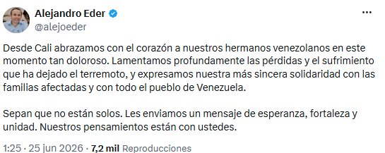 Alejandro Eder expresó apoyo desde Cali a familias venezolanas afectadas por el sismo - crédito @alejoeder/X