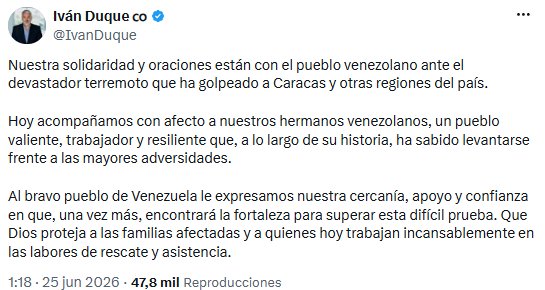 Iván Duque resaltó la resiliencia venezolana y ofreció apoyo tras el terremoto en Caracas - crédito @IvanDuque/X