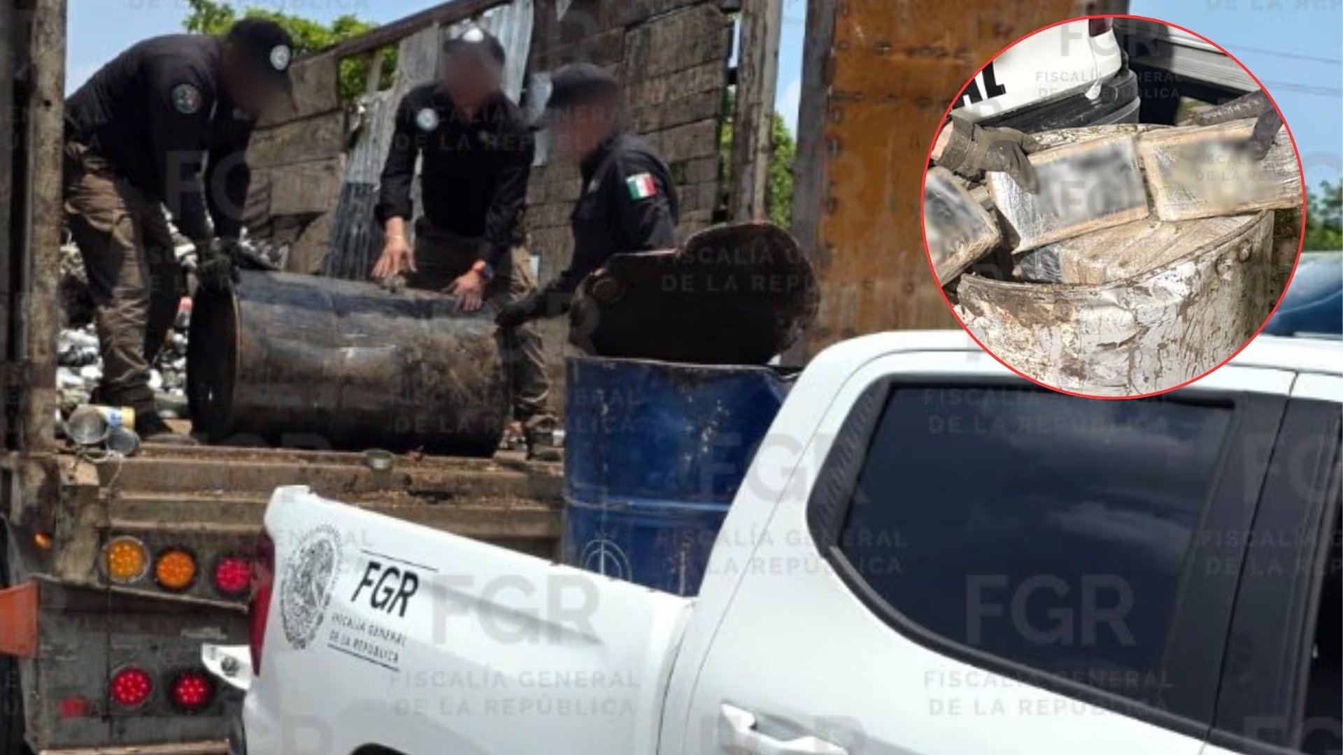 La droga y el arsenal fueron localizados escondidos en un camión de chatarra. Crédito: FGR