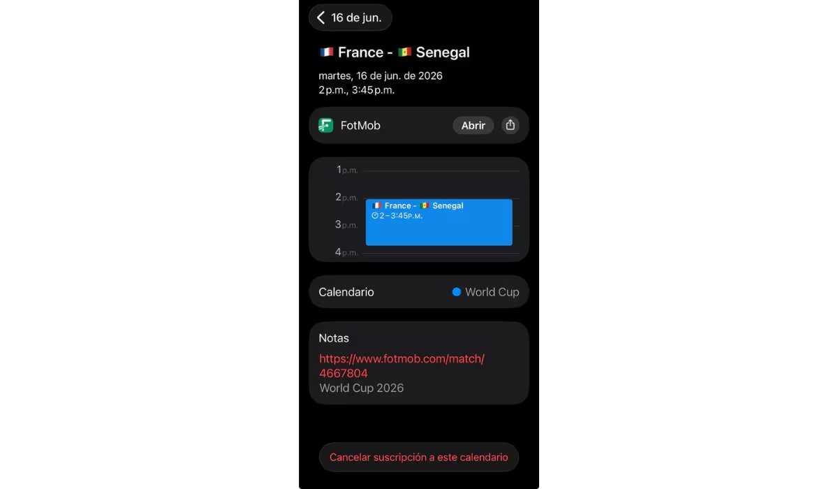 Los usuarios pueden eliminar la app y aún así, aparecerán los partidos en su calendario. (Calendario de Apple)