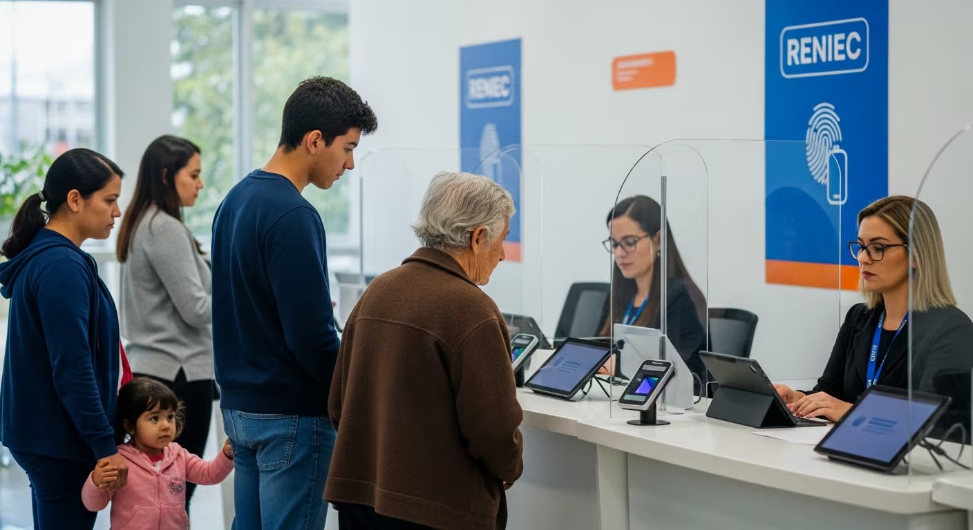Diversas generaciones de ciudadanos, incluyendo niños, adolescentes y adultos mayores, hacen fila para acceder a los servicios digitales de Reniec en una jornada de modernización de trámites institucionales en una sede municipal. (Imagen Ilustrativa Infobae)