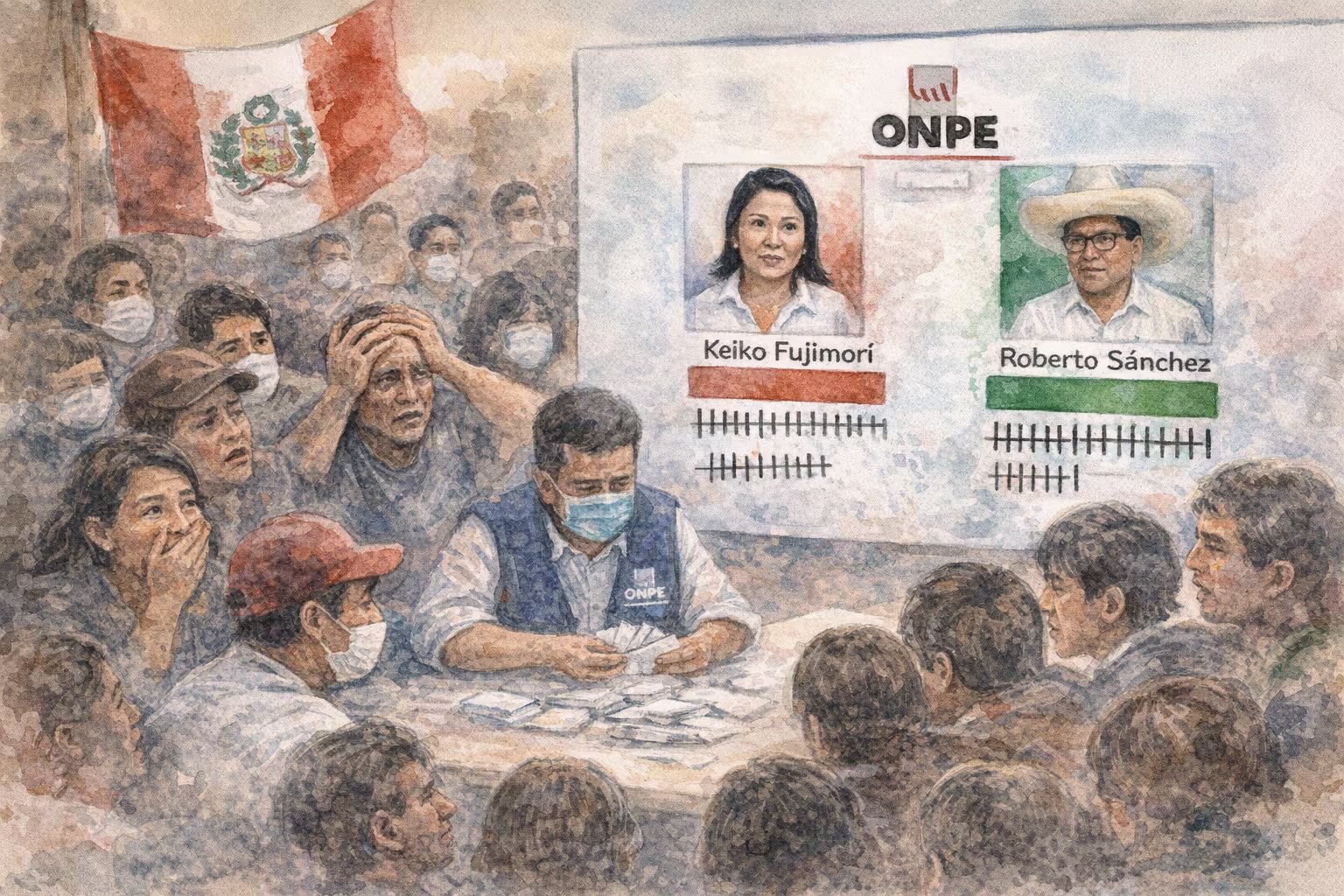Ciudadanos peruanos observan con preocupación y angustia el conteo de votos de la ONPE que determinará al próximo gobernante entre Keiko Fujimori y Roberto Sánchez. (Imagen Ilustrativa Infobae)