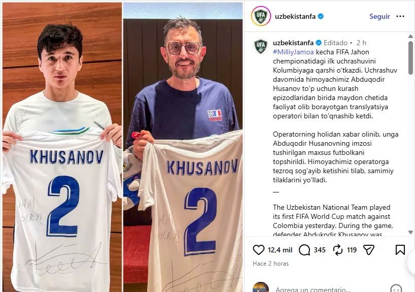 Representantes de la delegación de Uzbekistán le hicieron llegar una camiseta firmada por Khusanov como disculpa tras el golpe que recibió en medio del partido - crédito @uzbekistanfa/Instagram
