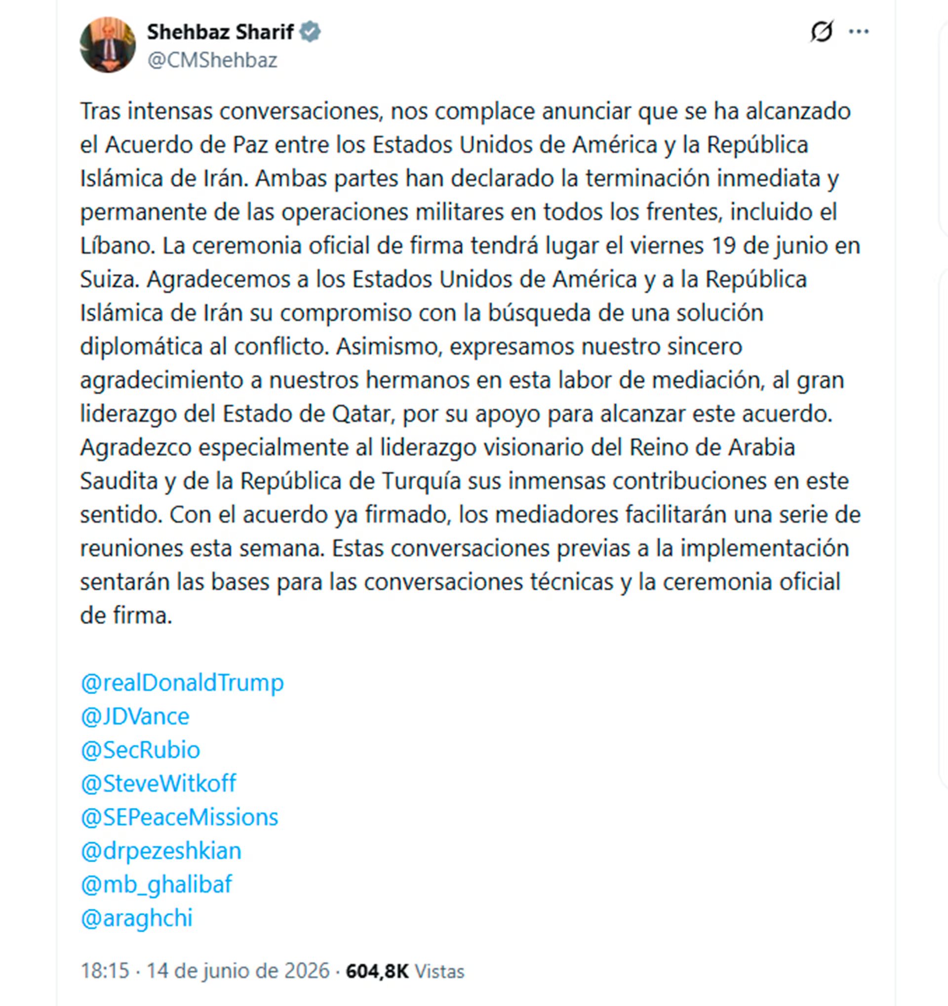 El primer ministro de Pakistán, Shehbaz Sharif, ya había adelantado que las negociaciones entre Washington y Teherán habían desembocado en un entendimiento 