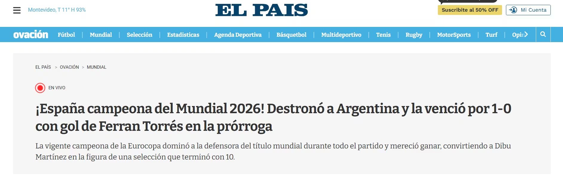 La reacción del portal uruguayo al título de Españ